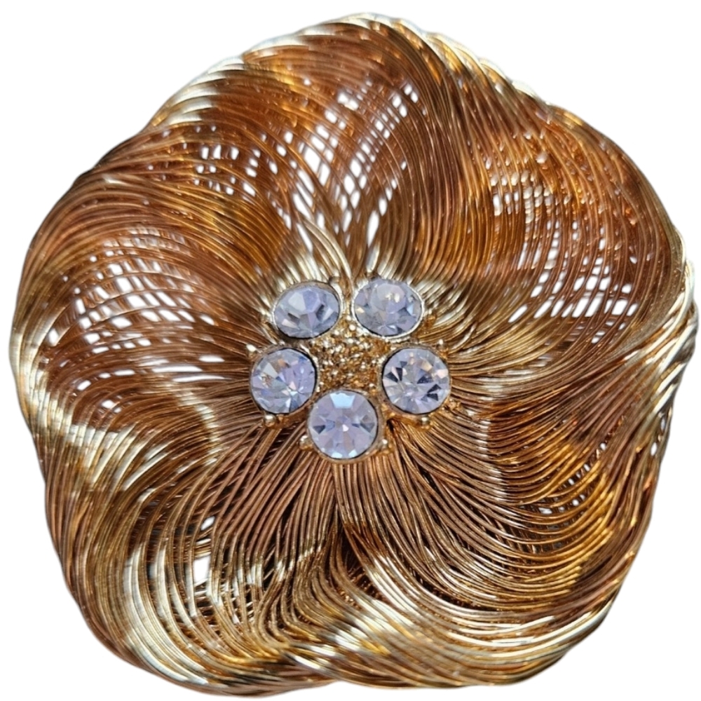 Vintage Gold Monet Wire-Wrapped Flower Brooch with Crystals